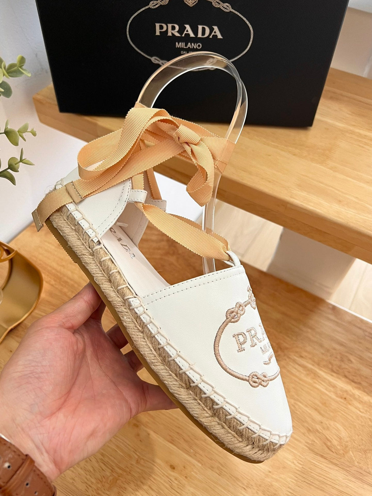 Prada 26s Lace Up Espadrille Flats Cream White Calfskin