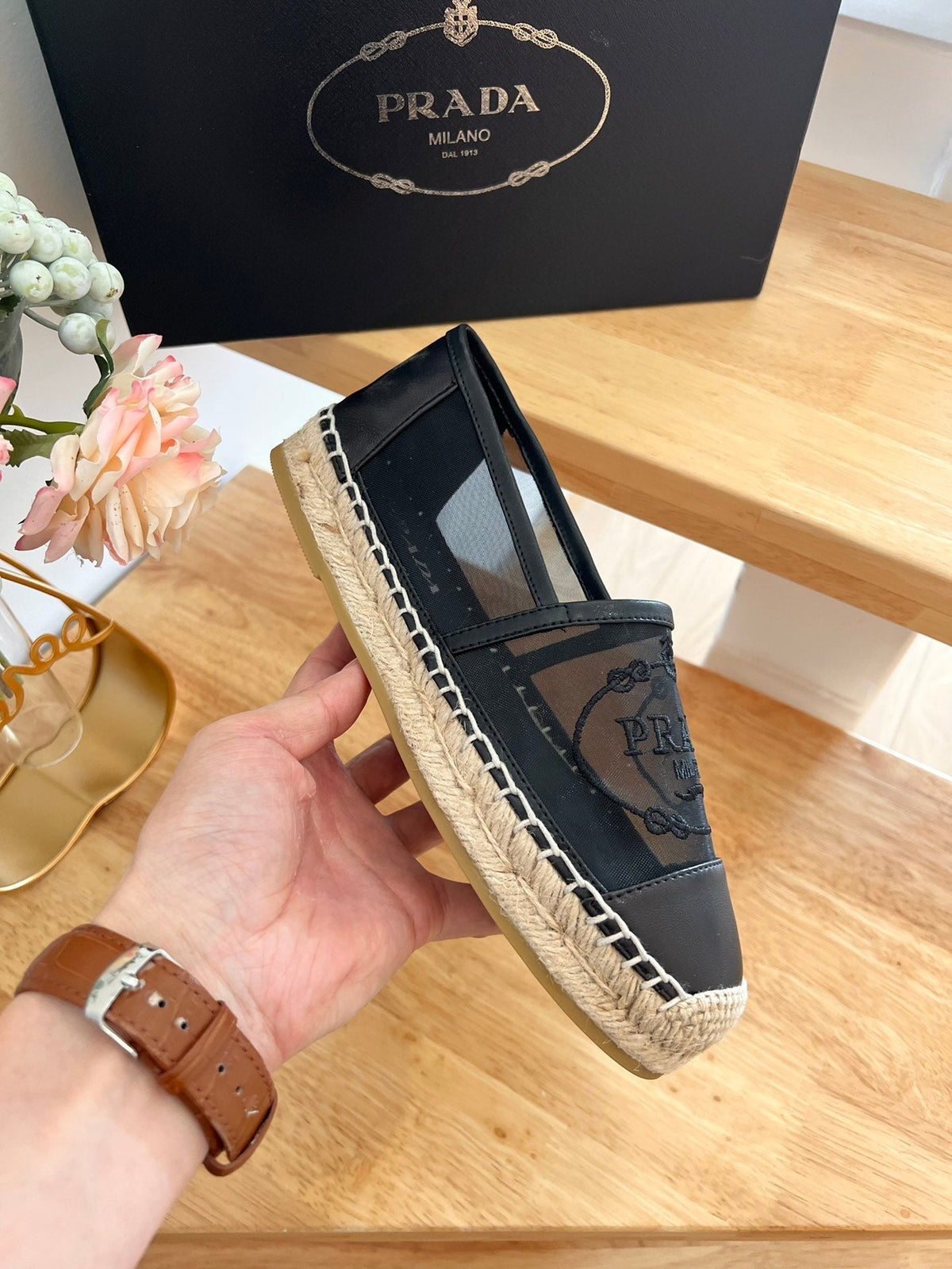Prada 26s Embroidered Logo Espadrille Flats Black Mesh Calfskin