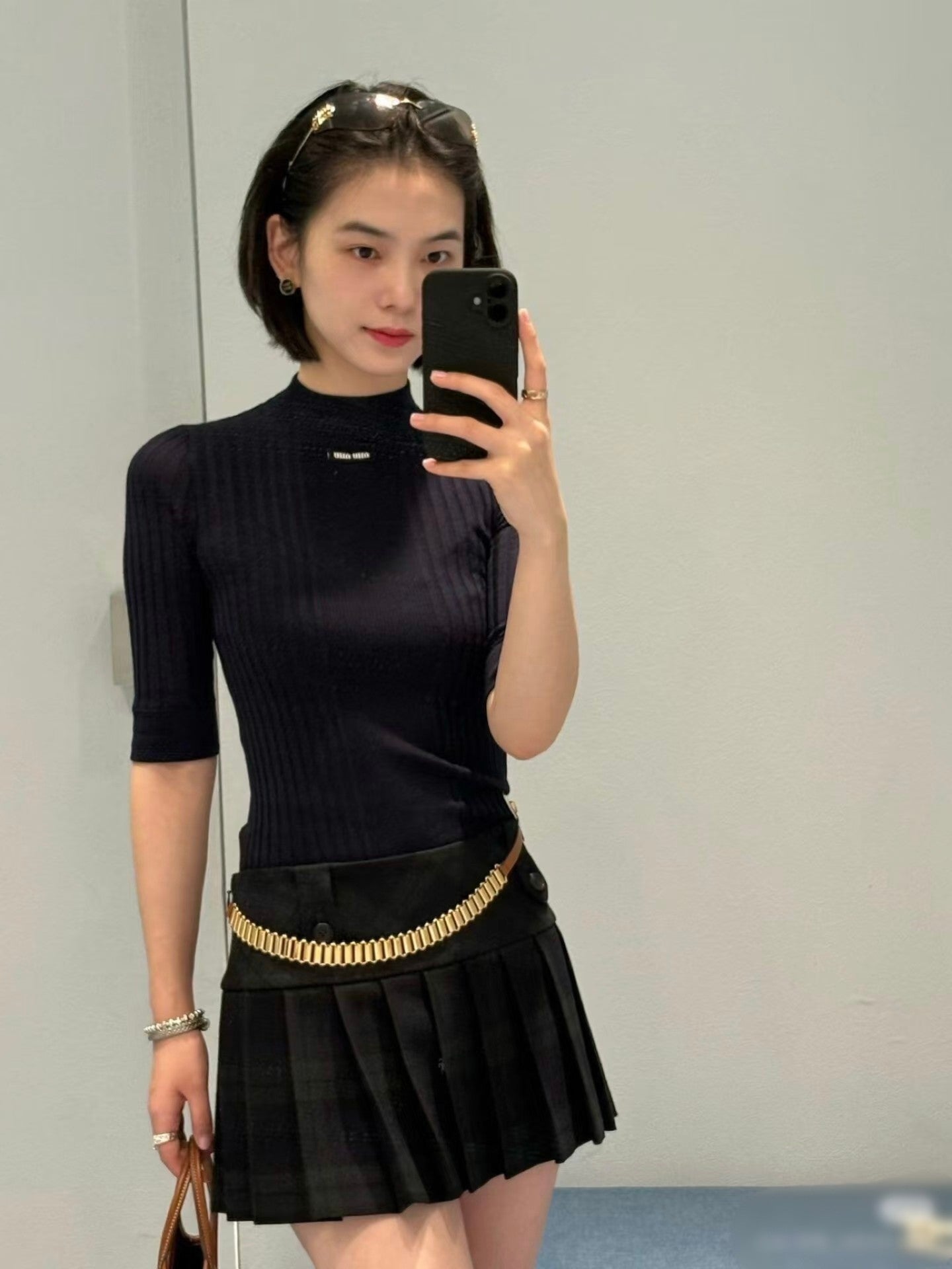 Miu Short-sleeved T-shirt Navy Blue Wool 345306