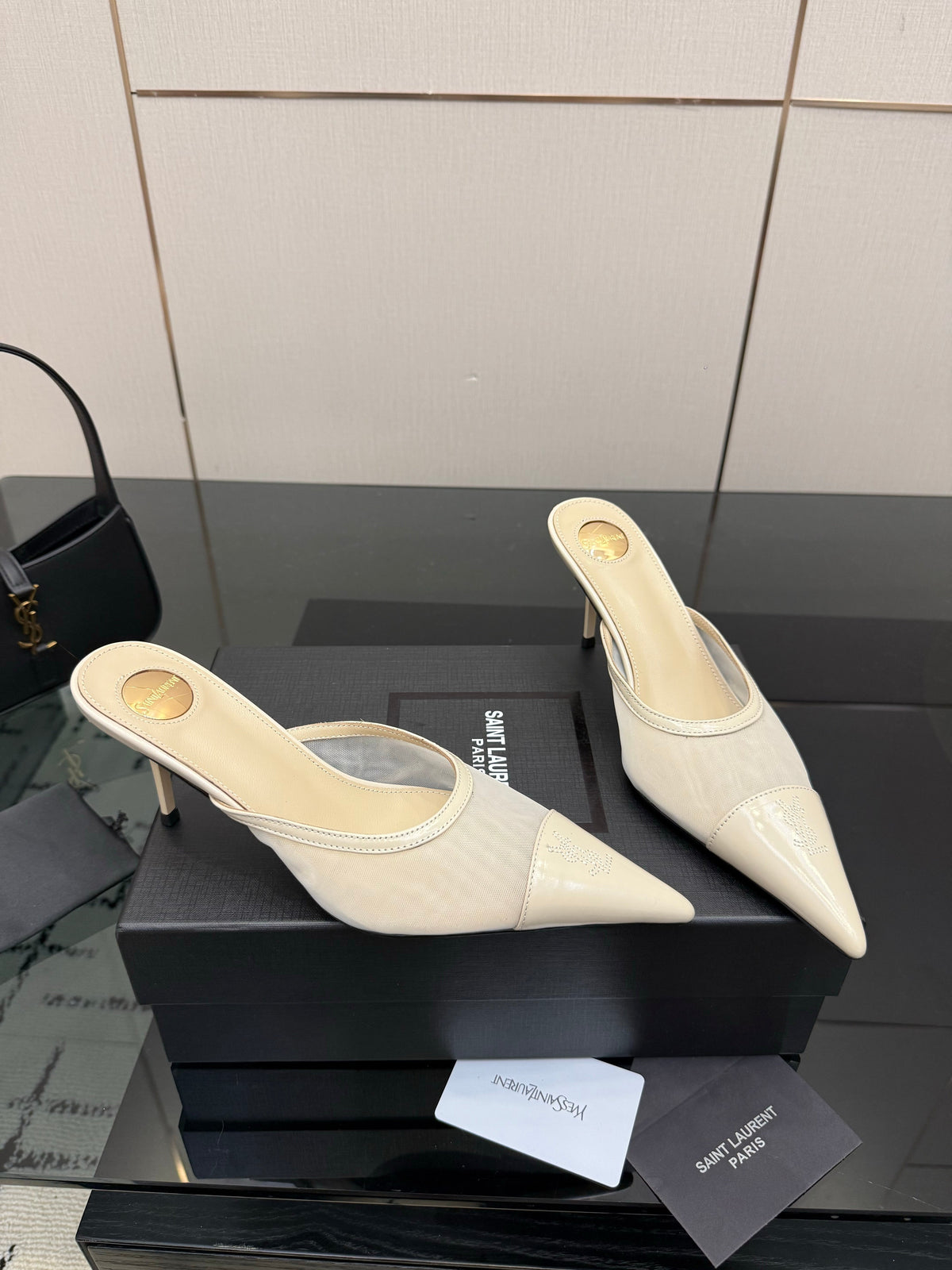 YSL 26s High-Heel Mules Beige Calfskin Mesh Fabric
