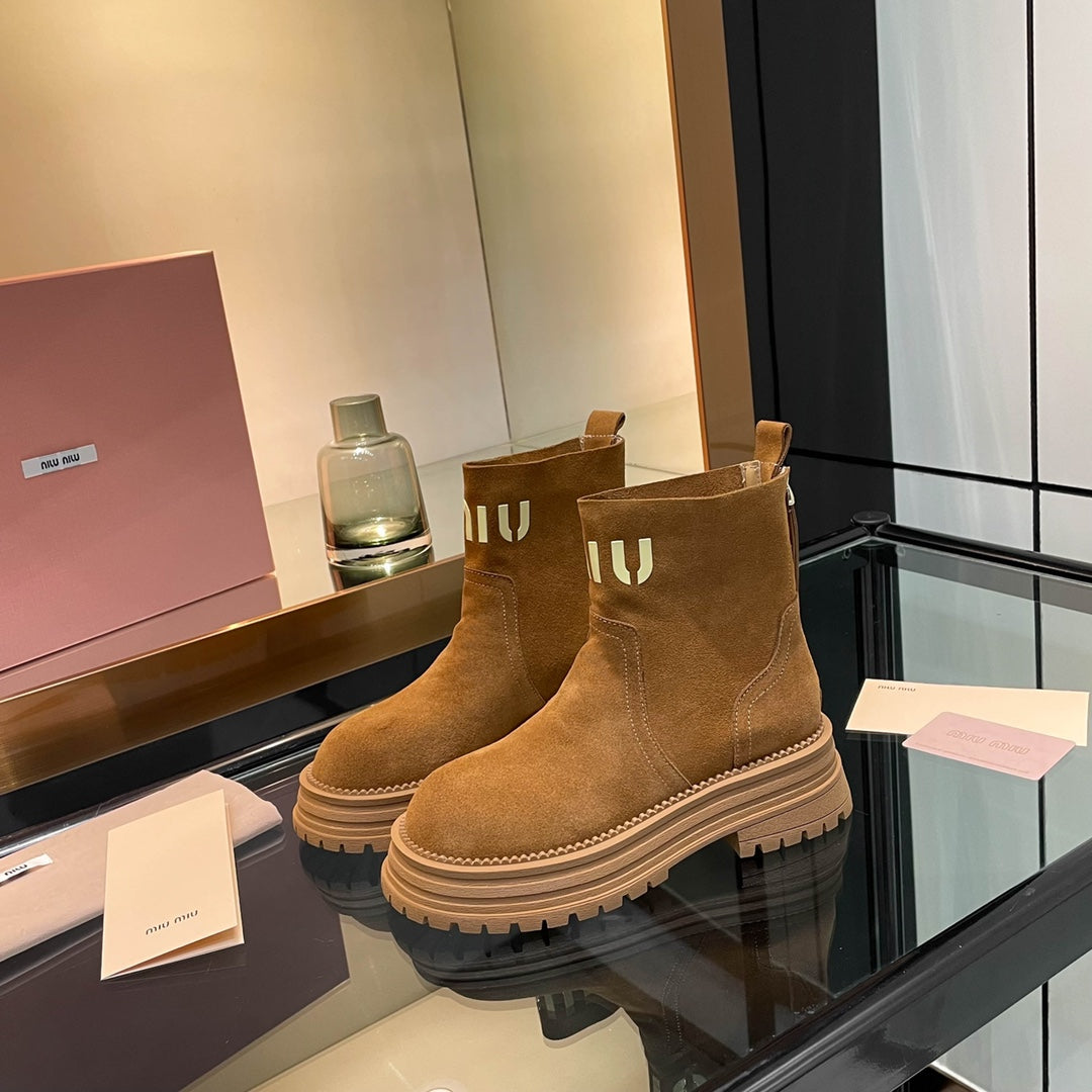 Miumiu 26s Logo Chunky Ankle Boots Camel Brown Suede