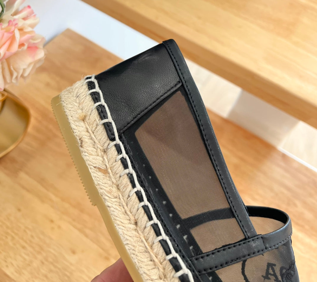 Prada 26s Embroidered Logo Espadrille Flats Black Mesh Calfskin