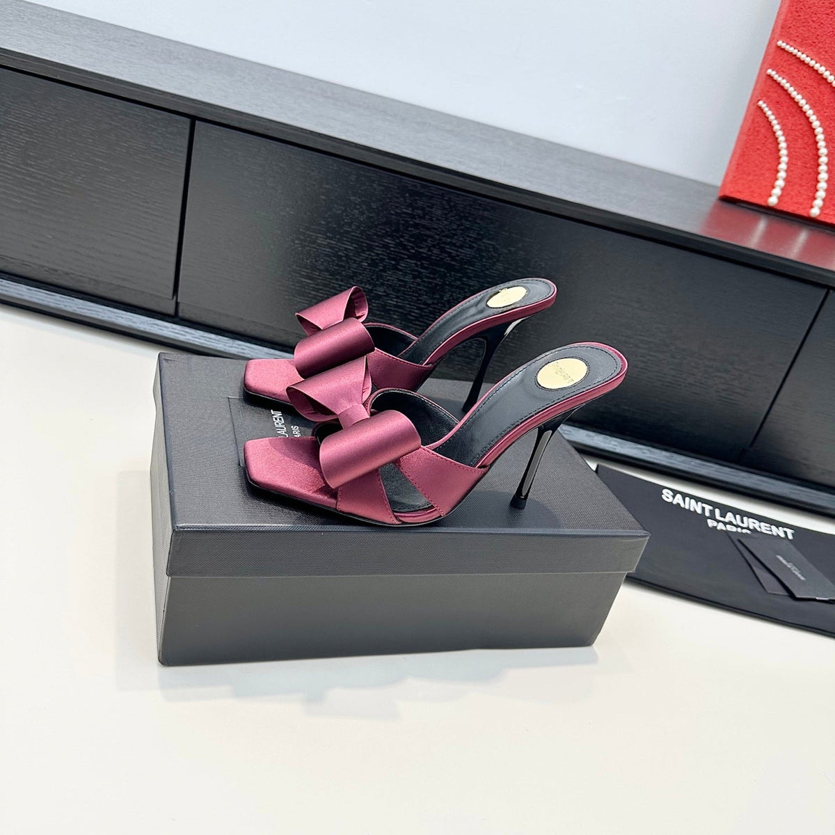 YSL 26S Heeled Sandals 105 Mm In Dark Red Satin