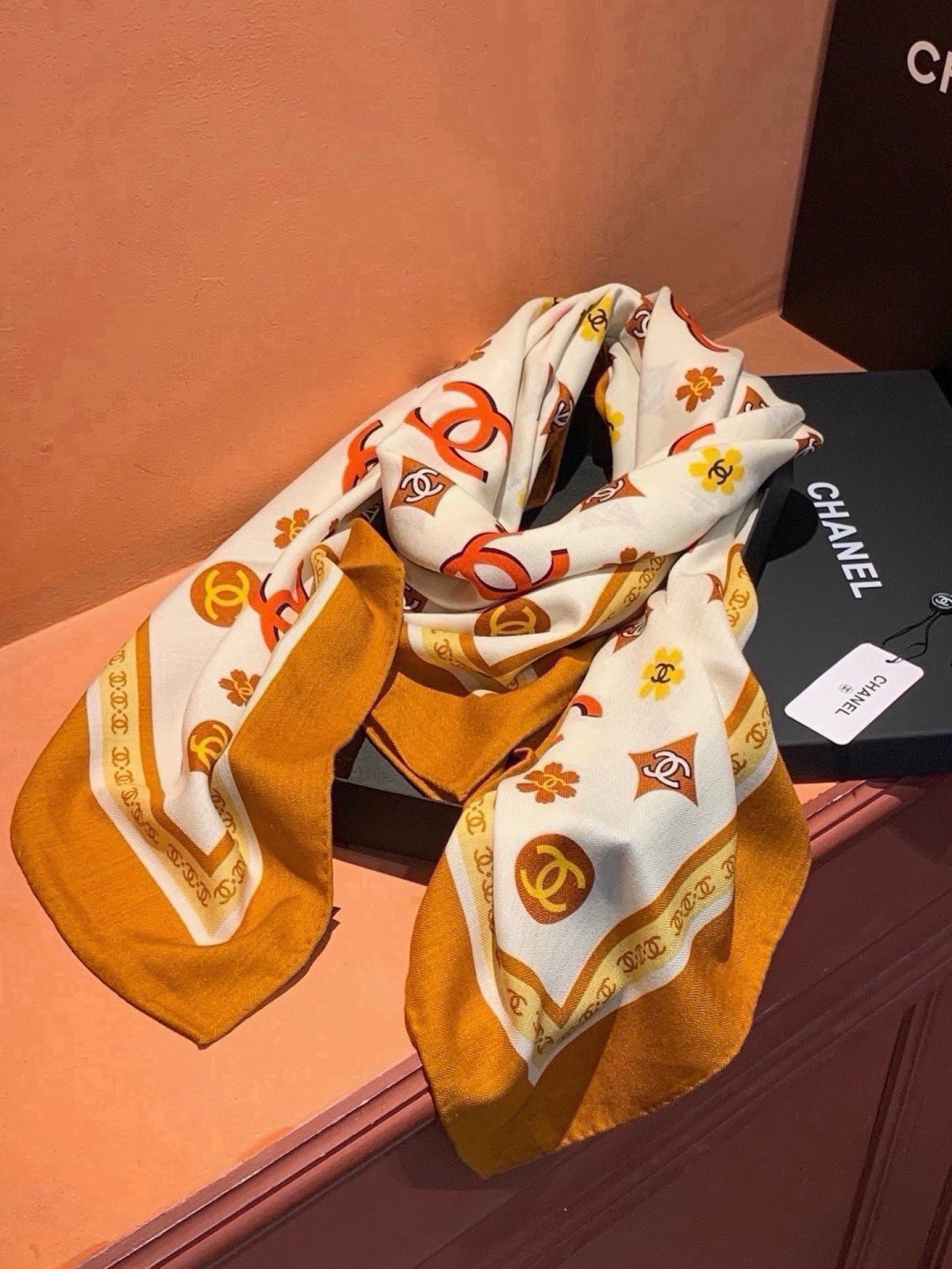 Chanel 2026 Floral Motifs Scarf 140cm Brown White Silk 213755