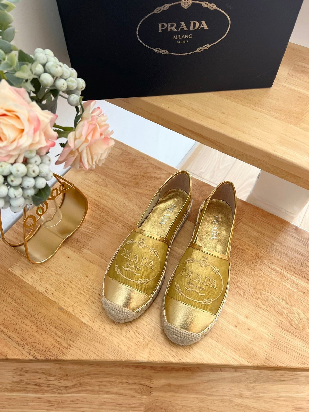 Prada 26s Embroidered Logo Espadrille Flats Gold Mesh Calfskin