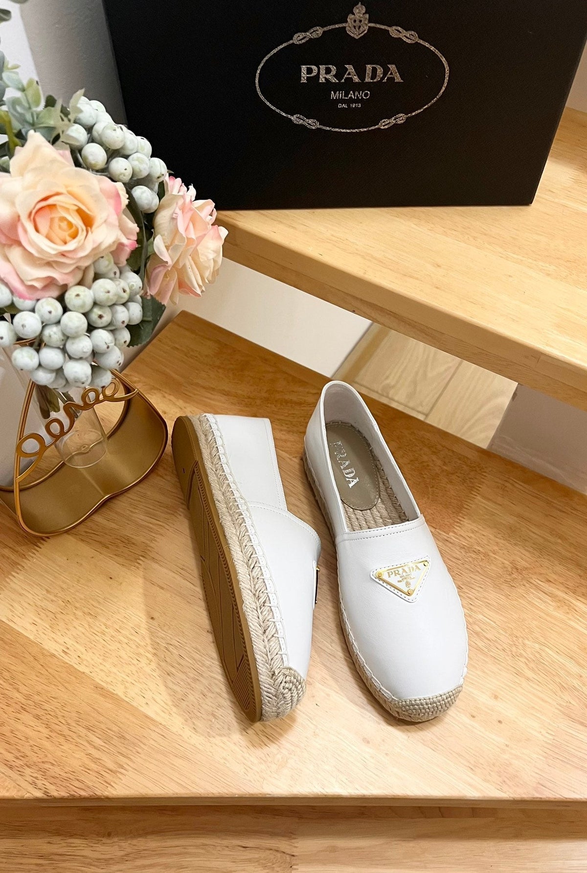 Prada 26s Logo Espadrille Slip On Flats White Calfskin