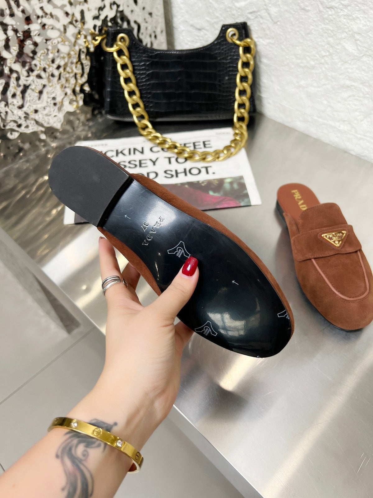 Prada 26s Mule Loafers Chocolate Brown Suede With Logo