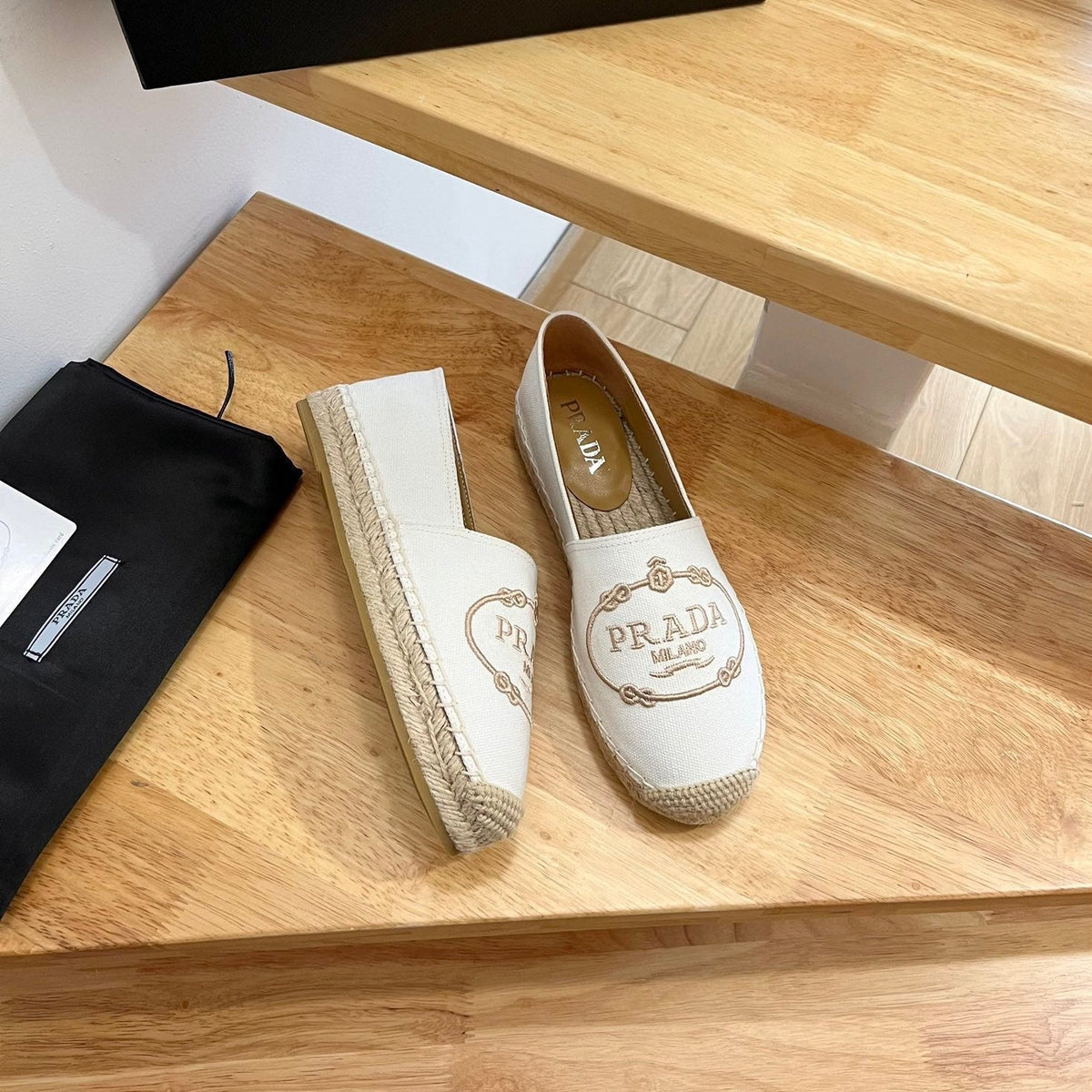 Prada 26s Embroidered Logo Espadrille Flats Ivory White Canvas