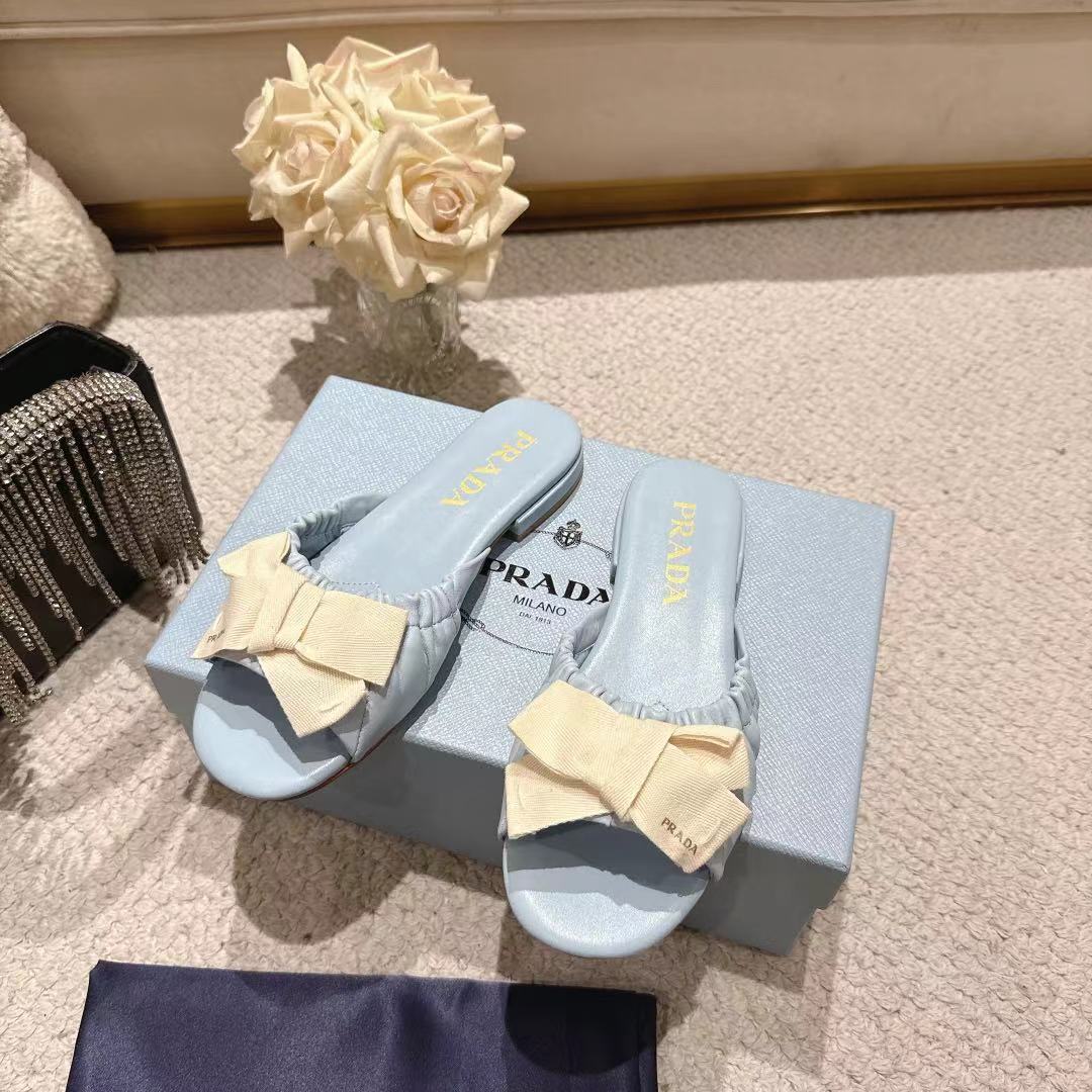 Prada 26s Ruched Bow Slide Sandals Light Blue Calfskin