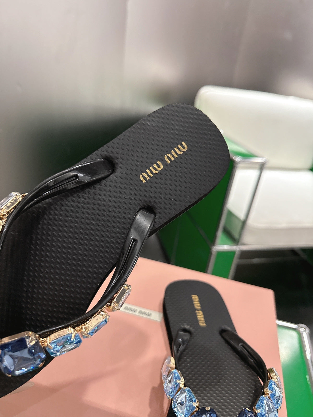 Miumiu 26s Thong Sandals Black Eva Blue Crystal-embellished
