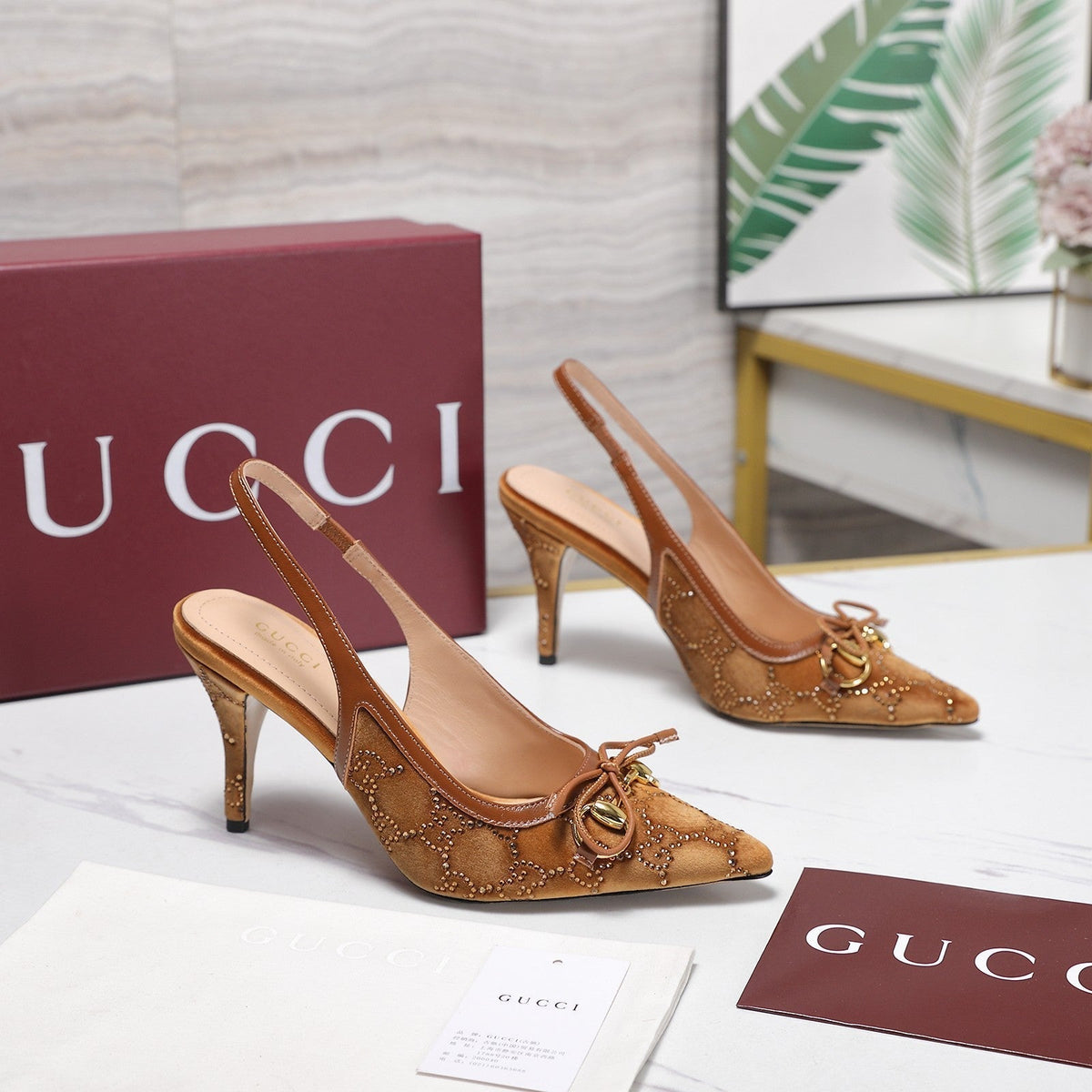 Gucci 26s Slingback Pumps 10cm Caramel Brown Velvet Gold Hardware With Bow