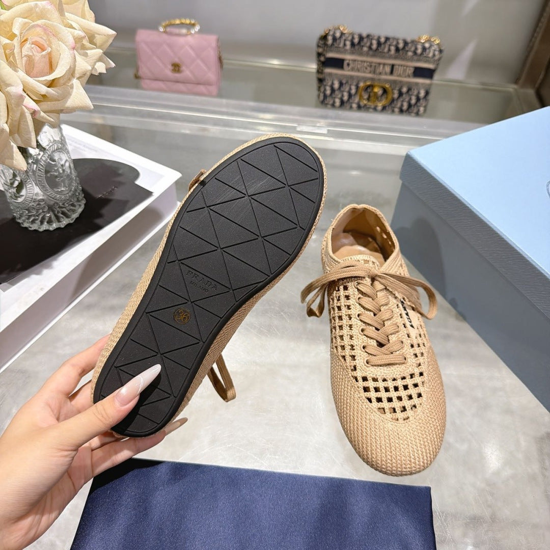 Prada 26s Lace Up Openwork Knit Sneakers Beige Knit Fabric
