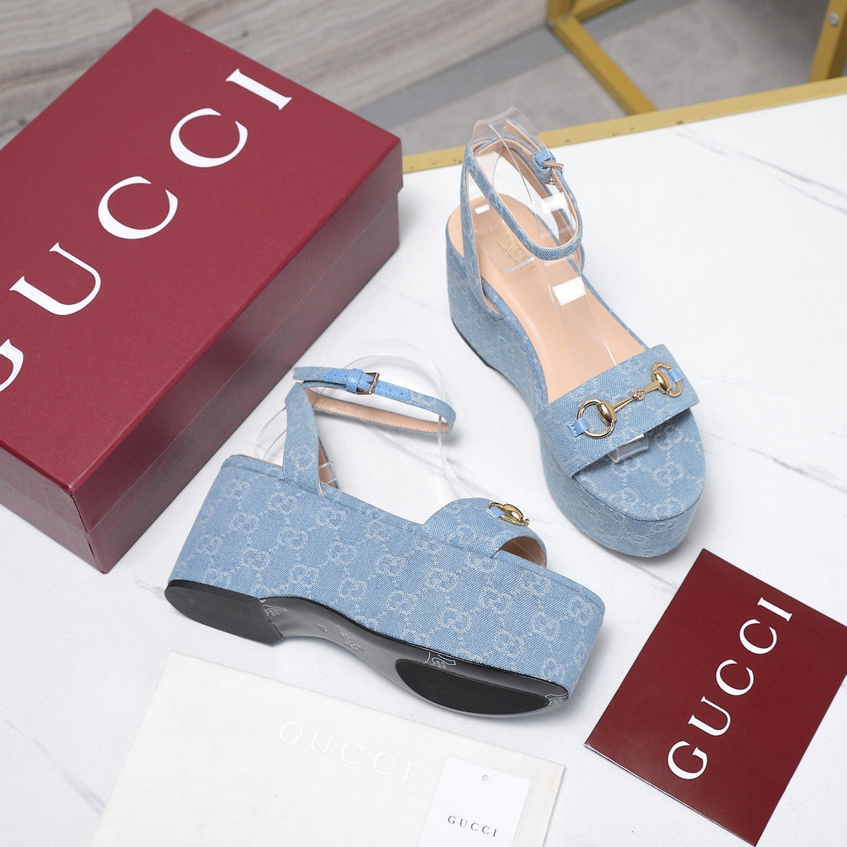 Gucci 26s Wedge Sandals 8cm Light Blue GG Denim Gold Hardware