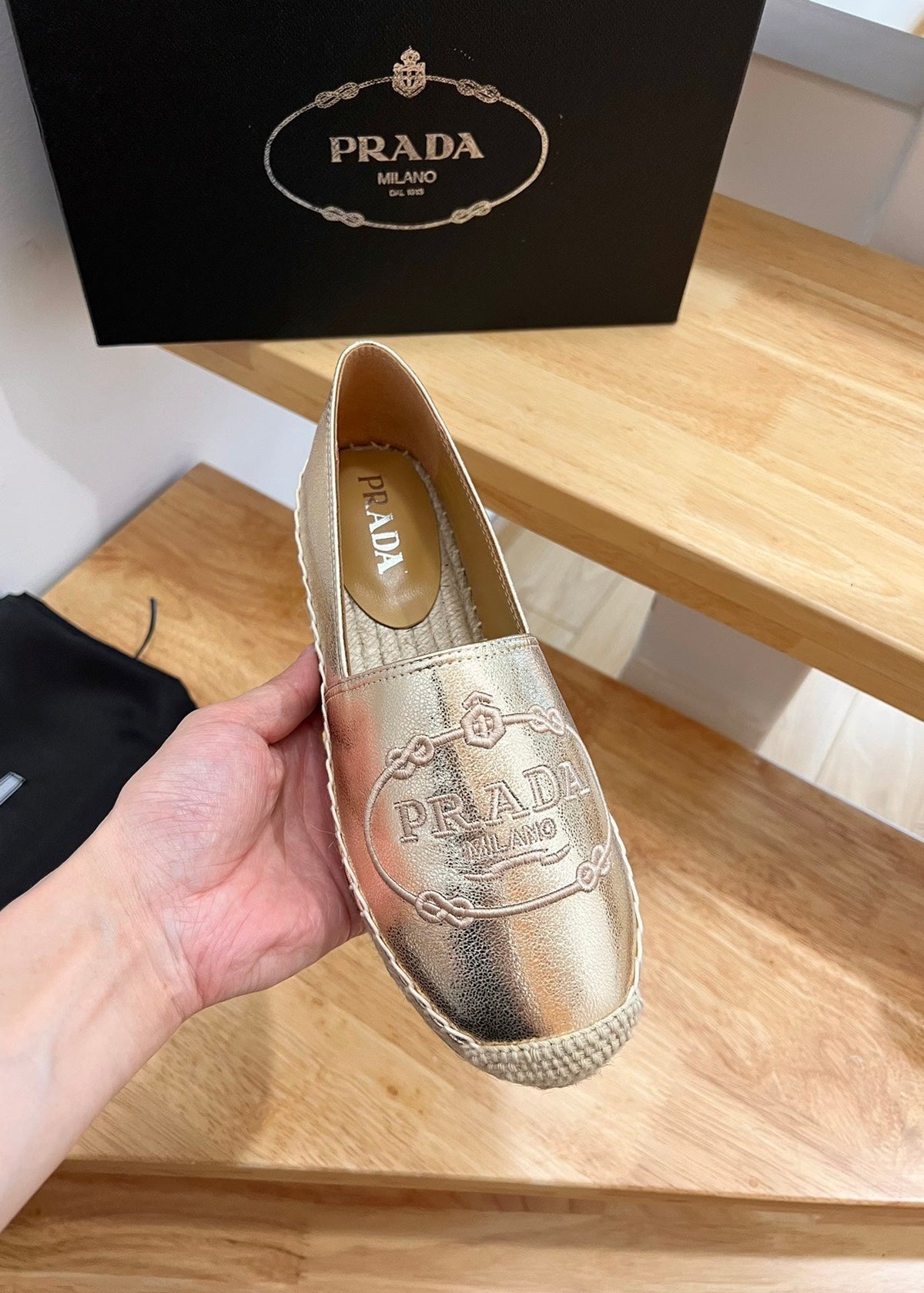 Prada 26s Embroidered Logo Espadrille Flats Gold Calfskin