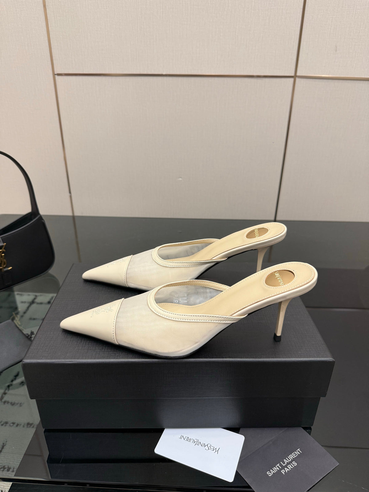 YSL 26s High-Heel Mules Beige Calfskin Mesh Fabric