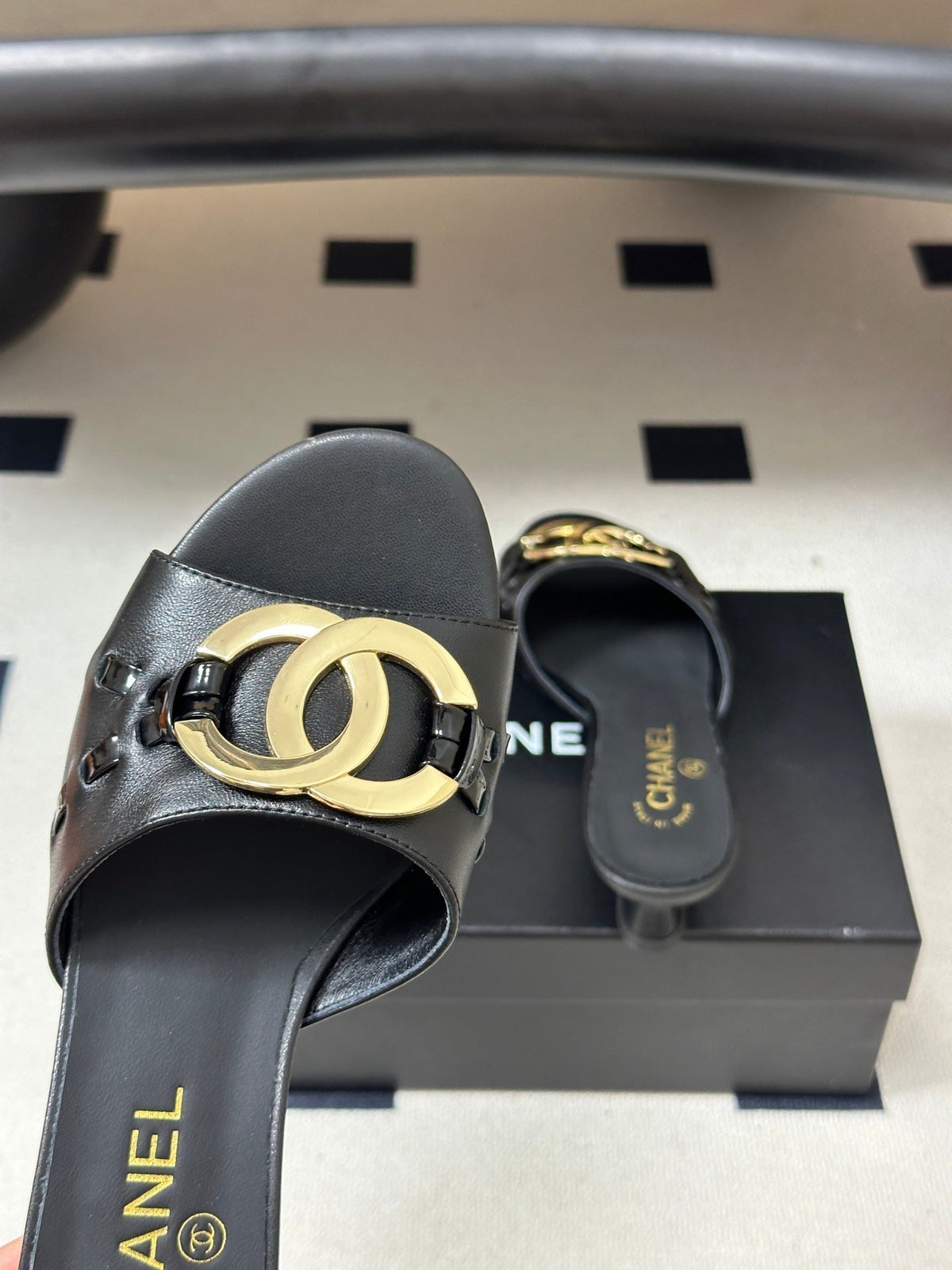 CC 26S High Heel Mule in Black Lambskin with Gold-Tone CC Logo