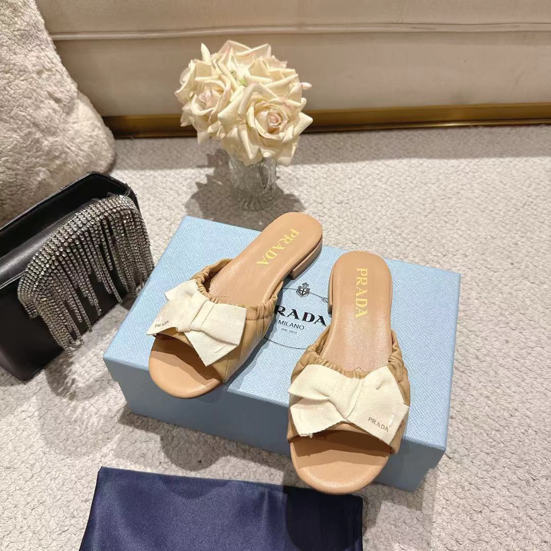 Prada 26s Ruched Bow Slide Sandals Beige Calfskin