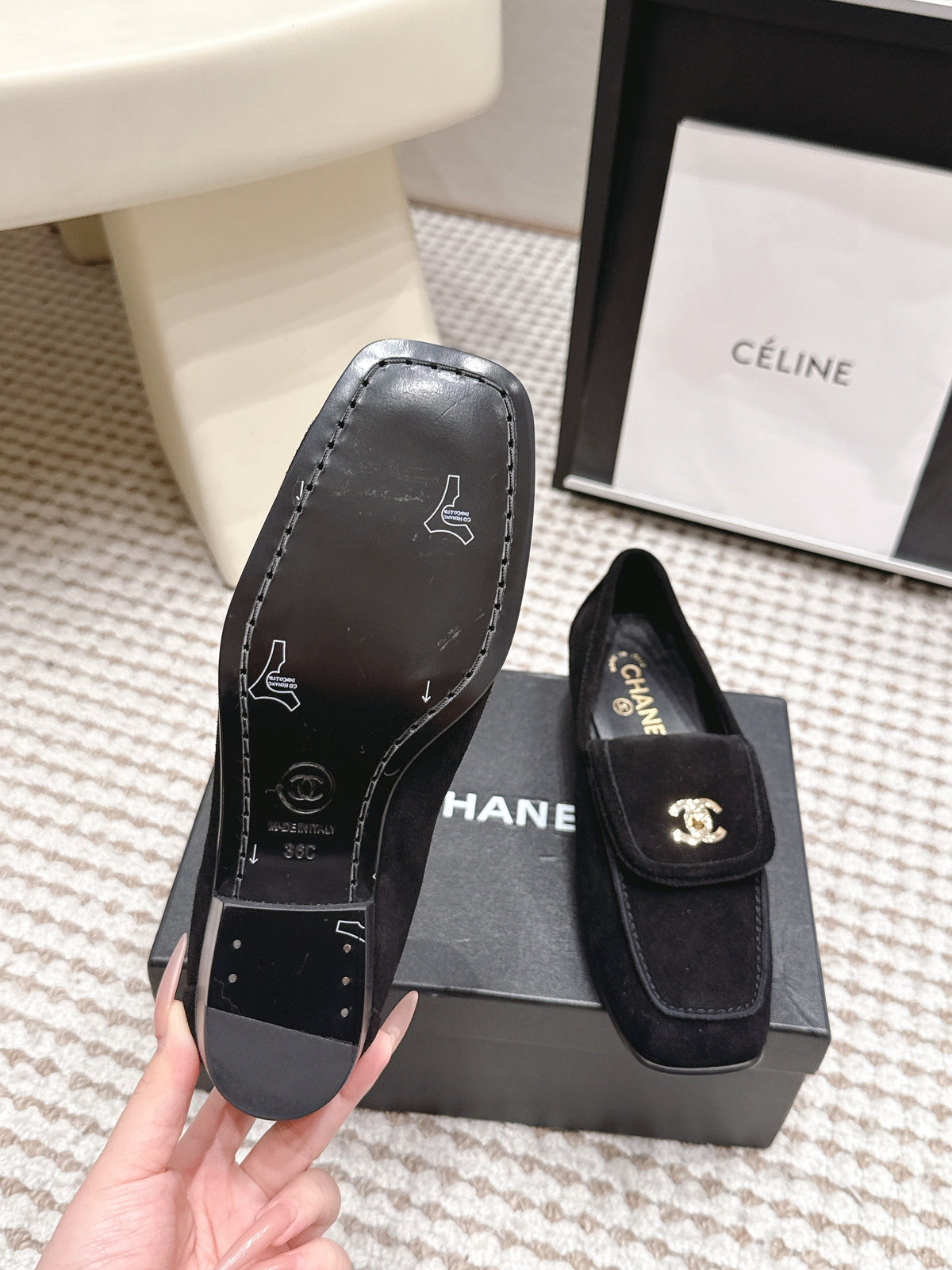 CC 26S Loafers in Black Suede with Gold-Tone CC Logo