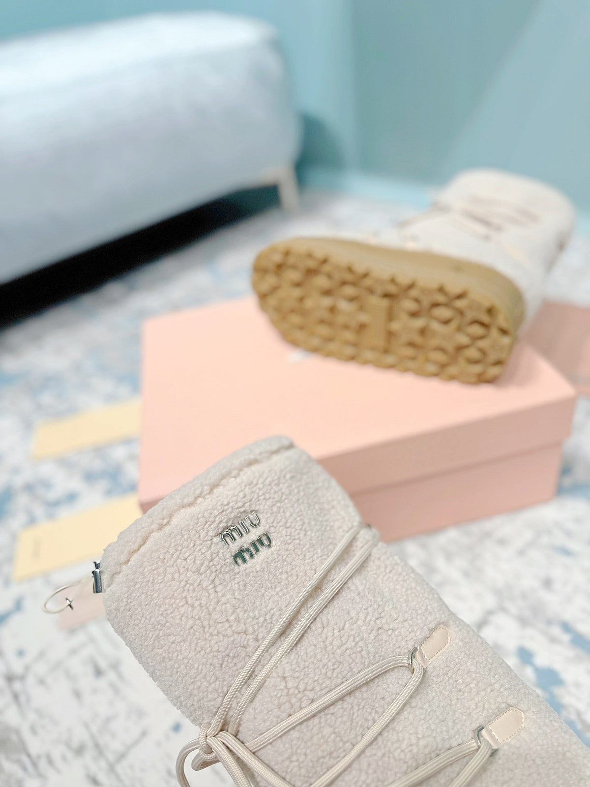 Miumiu 26s Ankle Snow Boots Beige Wool Style 15