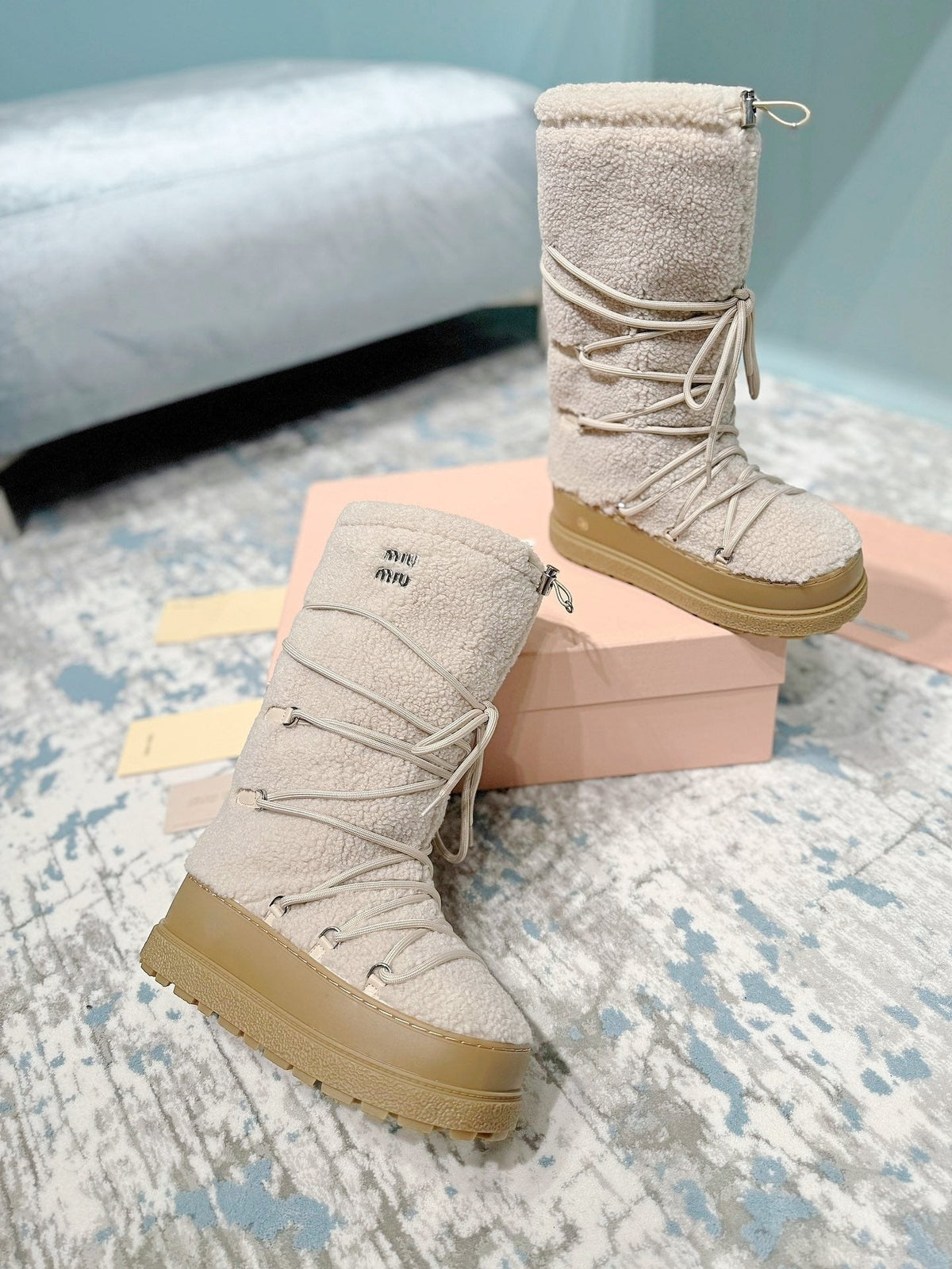 Miumiu 26s Ankle Snow Boots Beige Wool Style 15