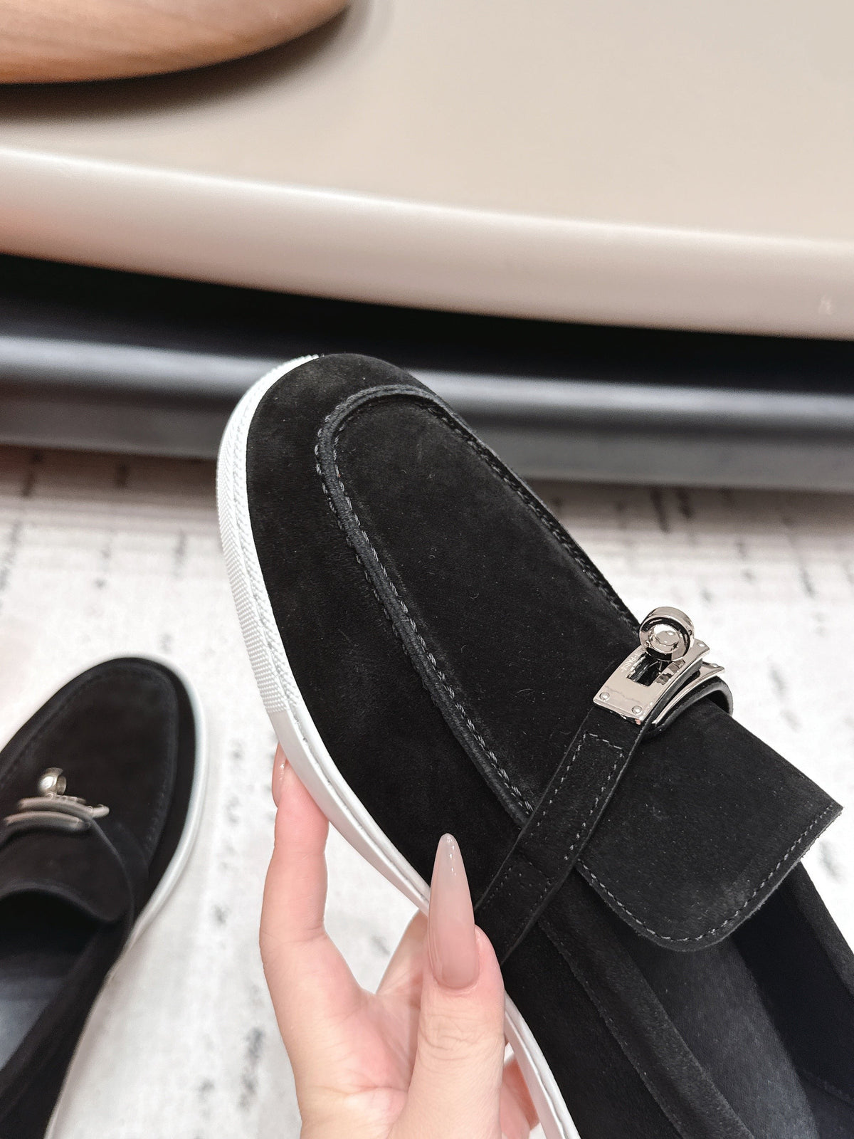 HM 26S Kelly Paris Loafers Black Suede Silver Hardware