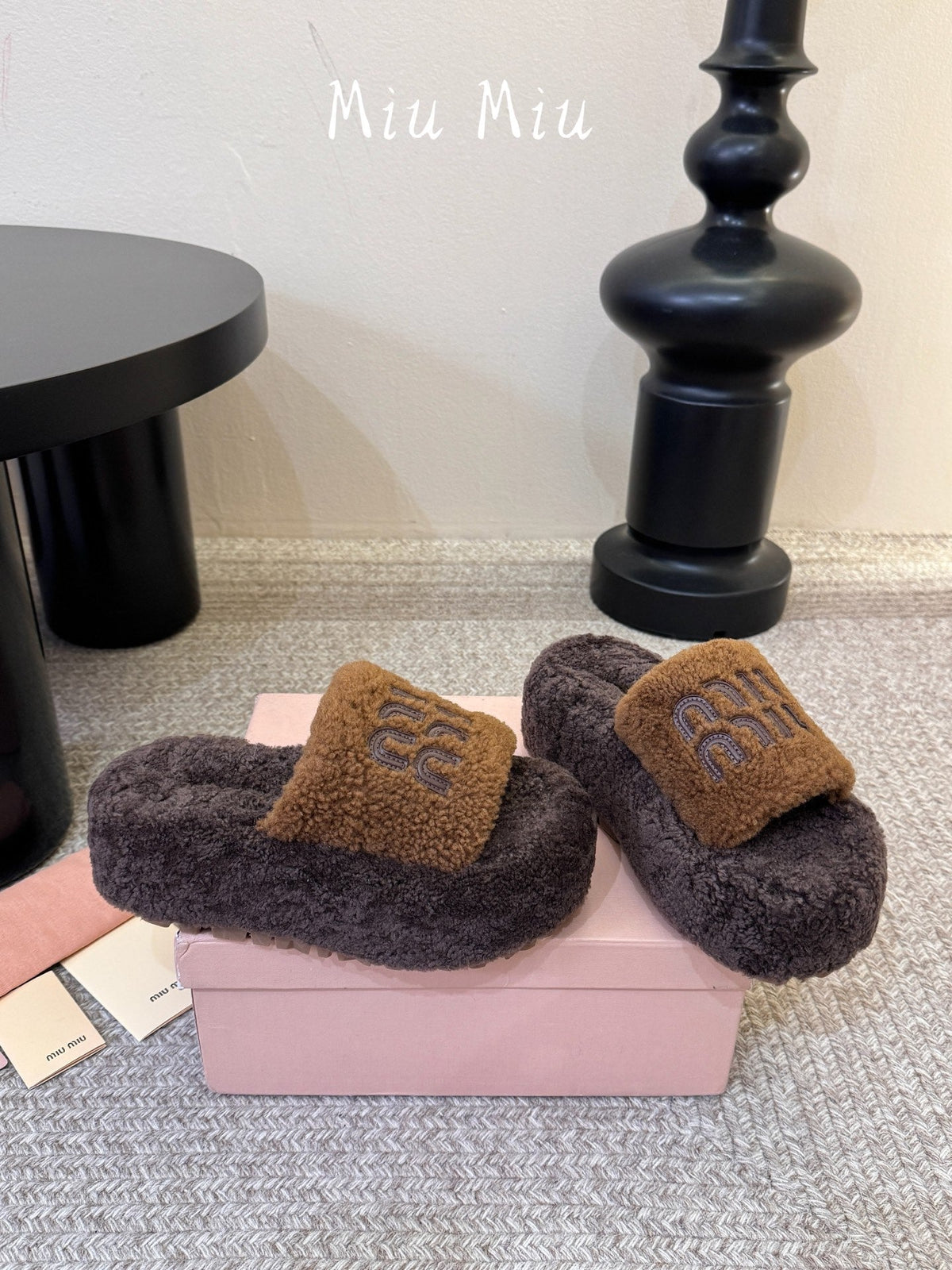 Miumiu 26s Platform Slides Dark Brown Shearling