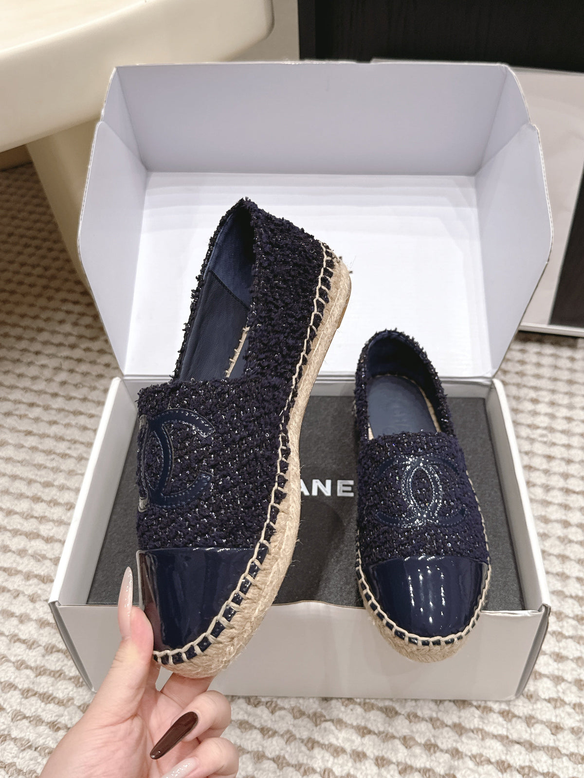 CC 26S Slip-Ons in Navy Blue Tweed and Patent Calfskin