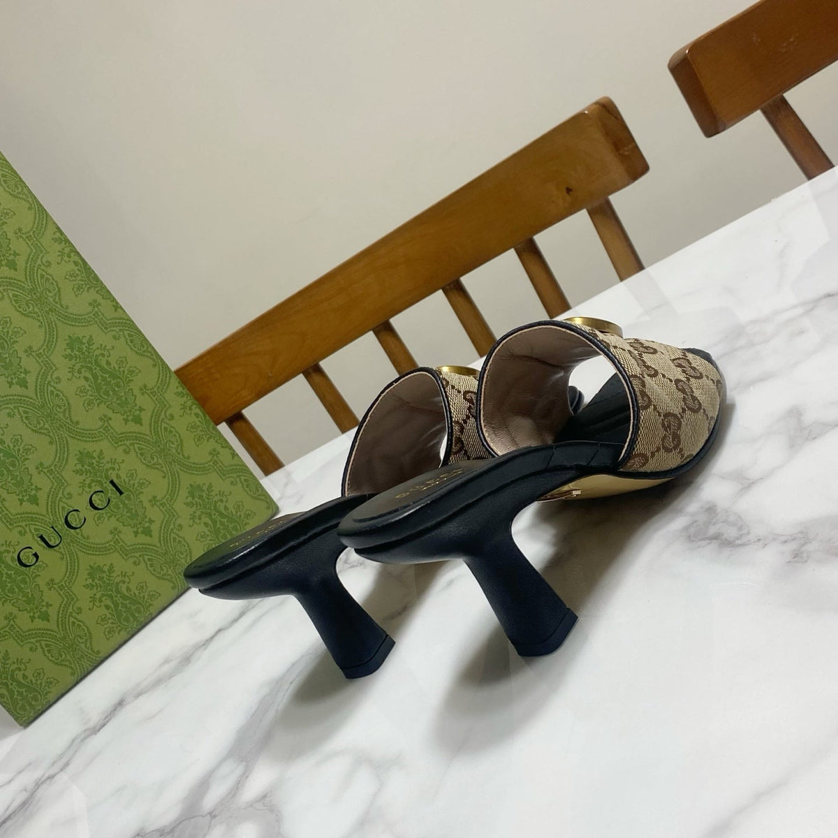 Gucci 26s Heeled Slides 7.5cm Sand Brown Canvas And Black Lambskin