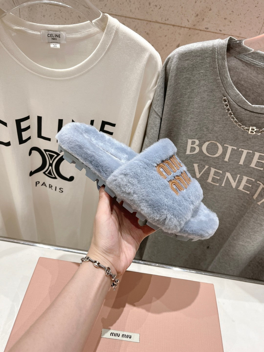 Miumiu 26s Flat Slides Pastel Blue Shearling