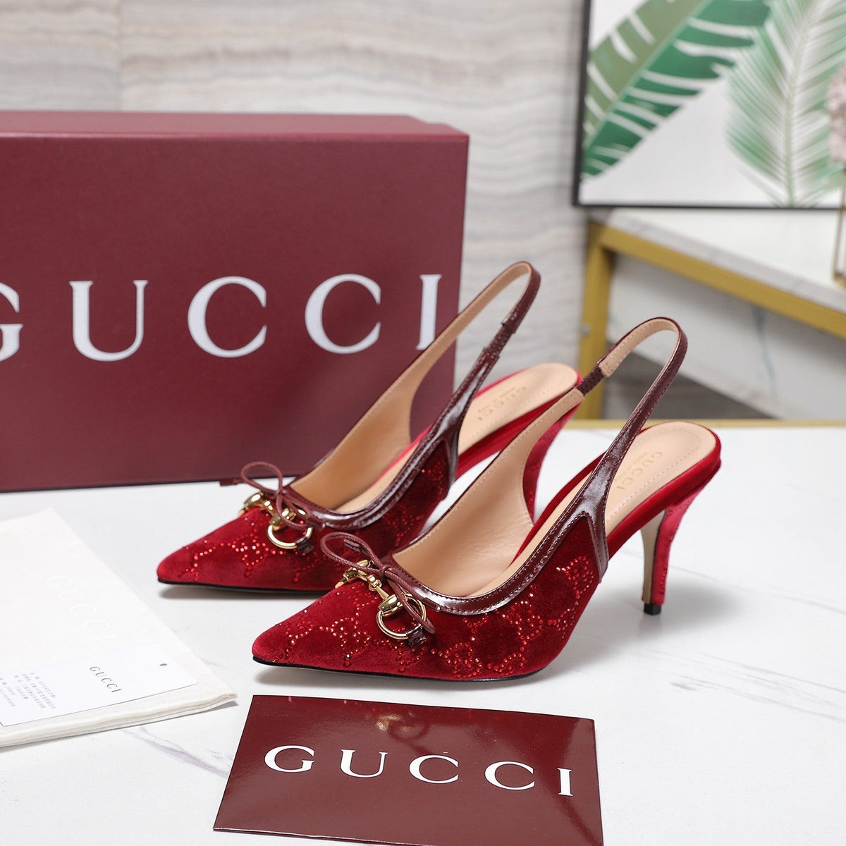 Gucci 26s Slingback Pumps 10cm Dark Red Velvet Gold Hardware With Bow