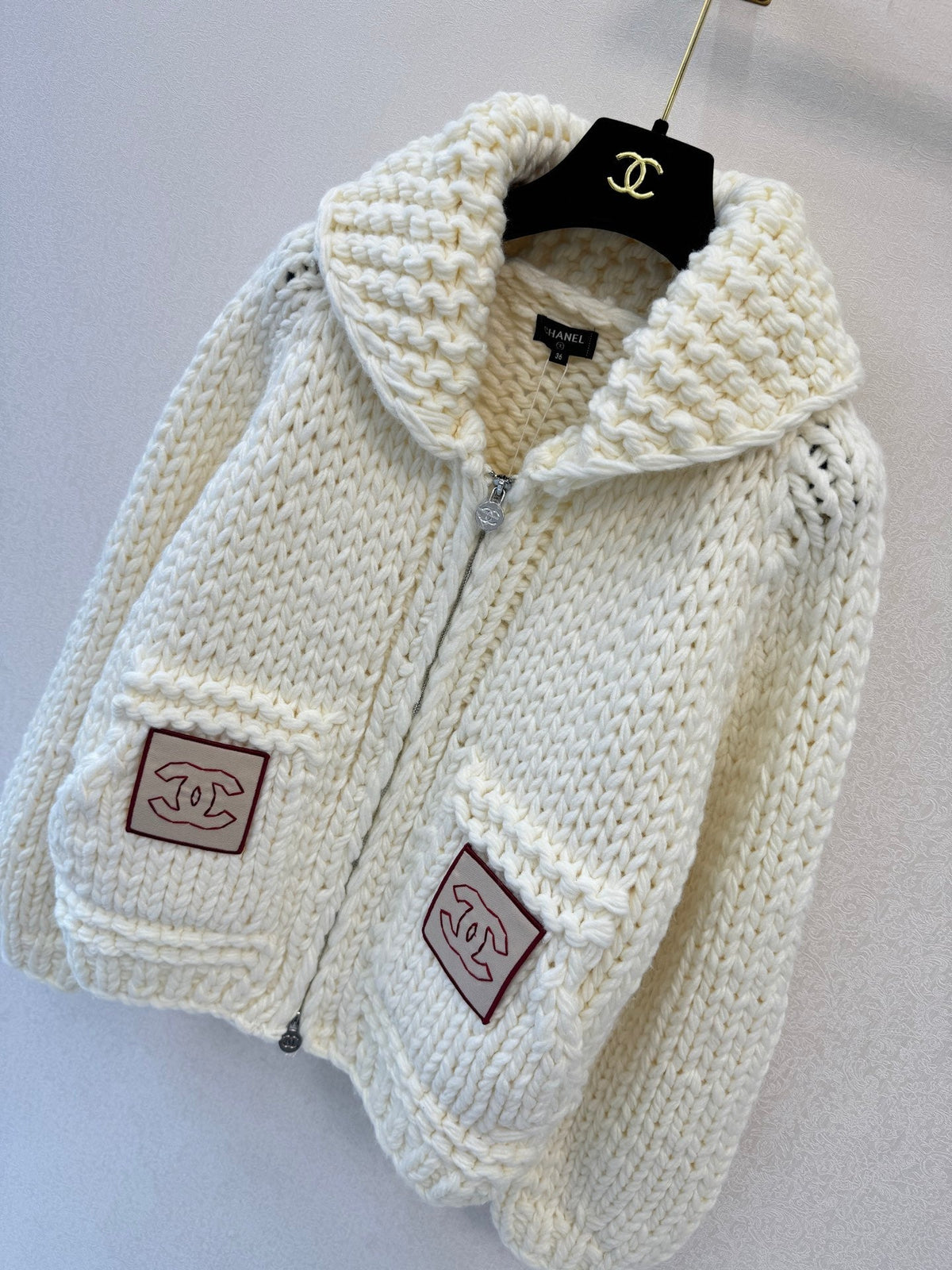 CC 26S Chunky Knit Zip-Up Cardigan Shawl Collar Pockets Cashmere 433509