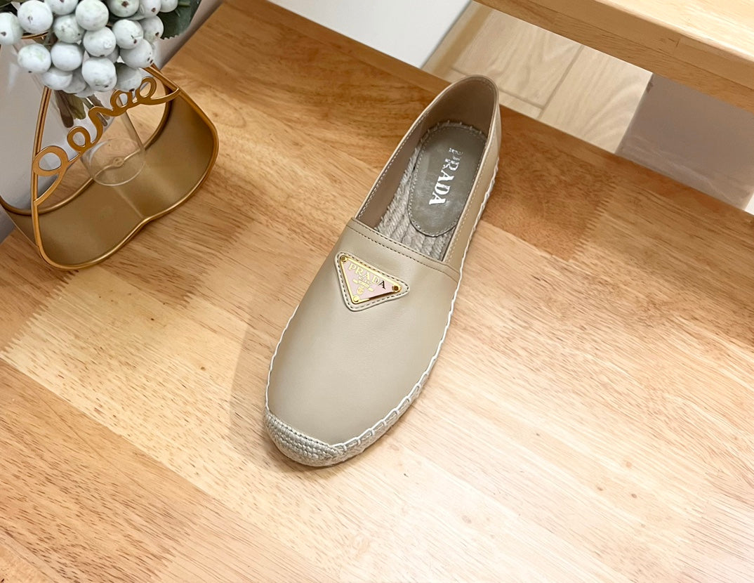 Prada 26s Logo Espadrille Slip On Flats Dark Beige Calfskin