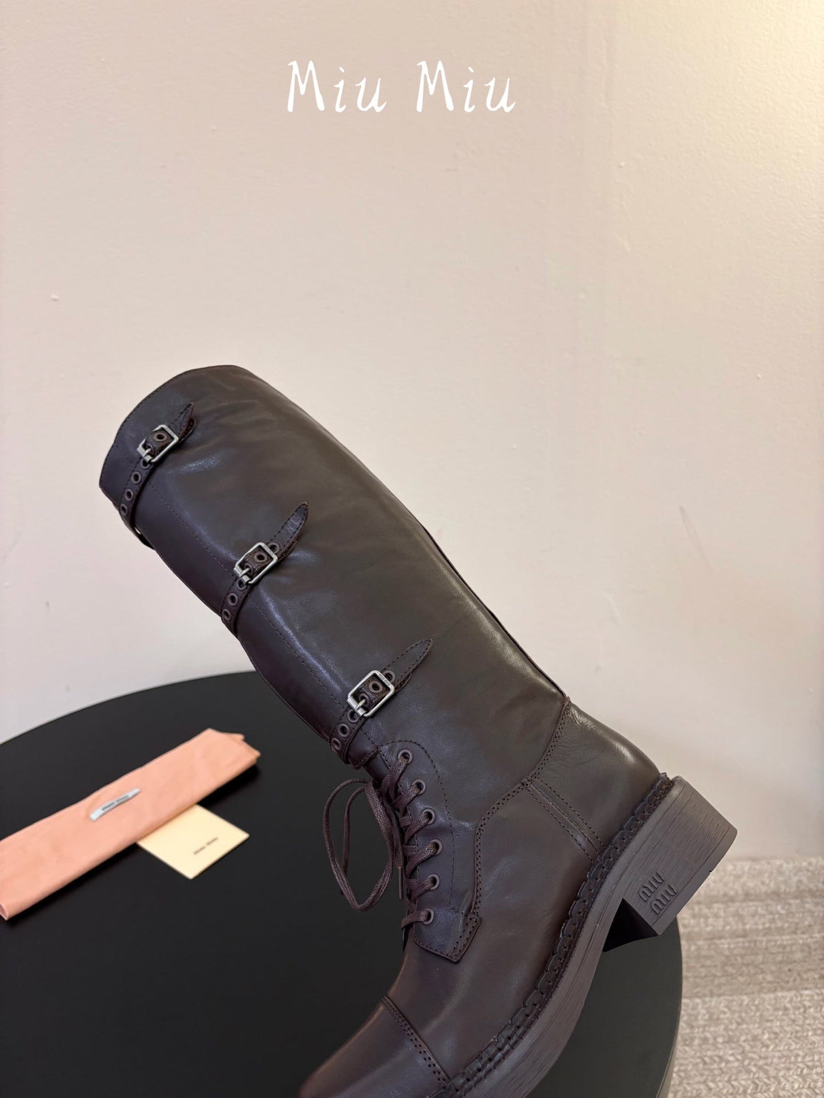 Miumiu 26s Lace-up Knee-high Boots Dark Brown Calfskin