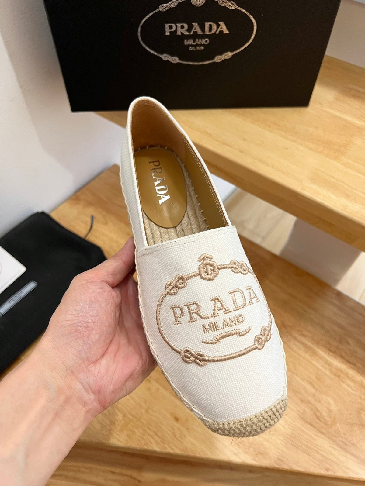 Prada 26s Embroidered Logo Espadrille Flats Ivory White Canvas