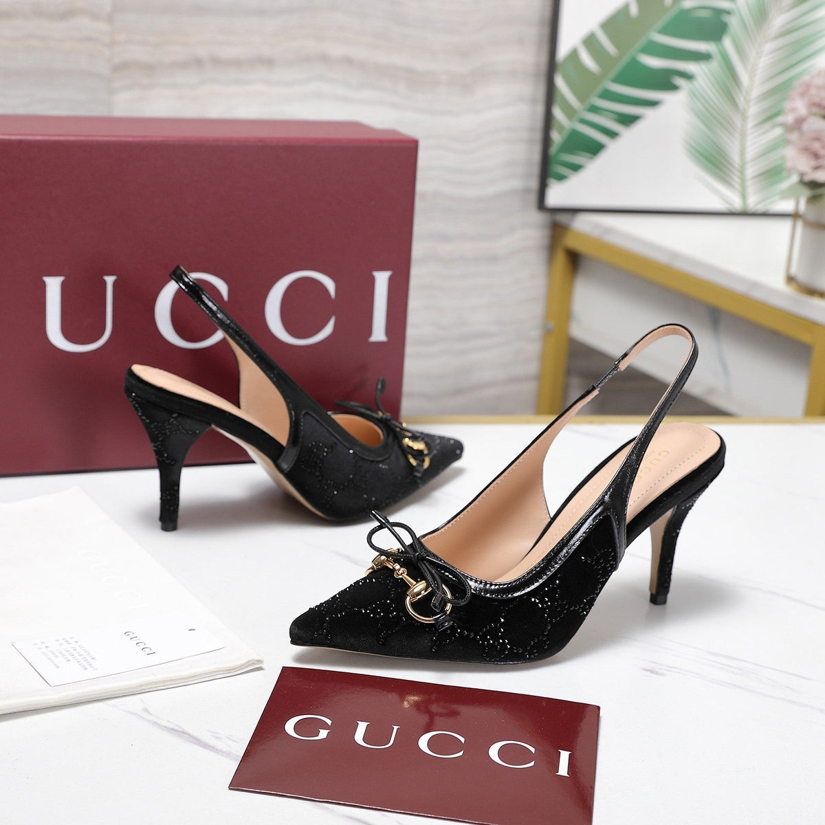 Gucci 26s Slingback Pumps 10cm Black Velvet Gold Hardware With Bow