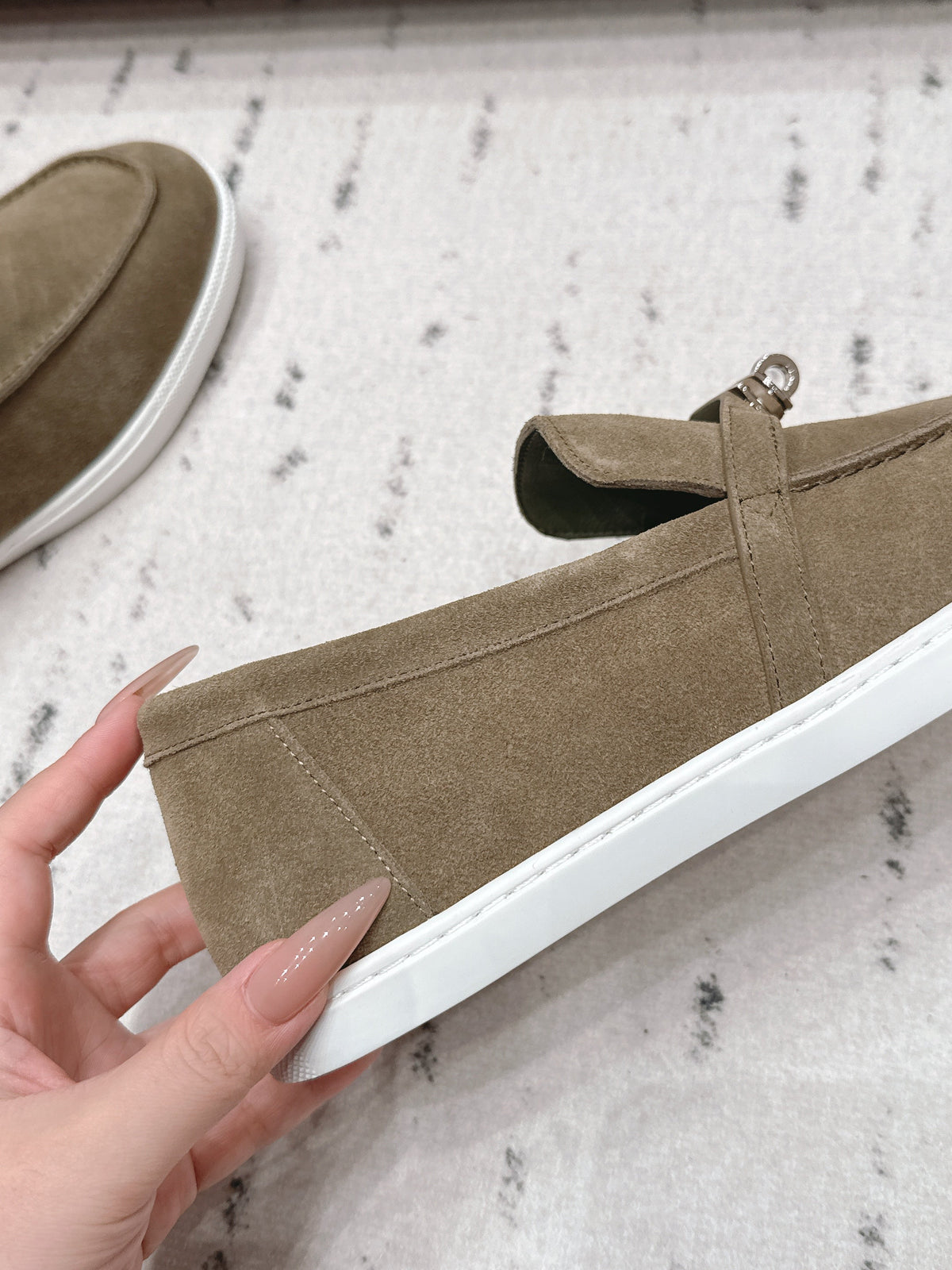 HM 26S Kelly Paris Loafers Olive Brown Suede Silver Hardware