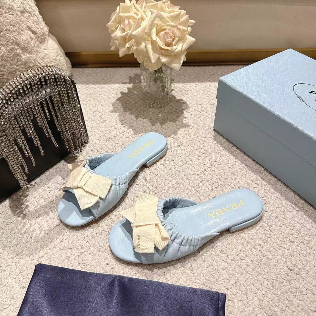 Prada 26s Ruched Bow Slide Sandals Light Blue Calfskin