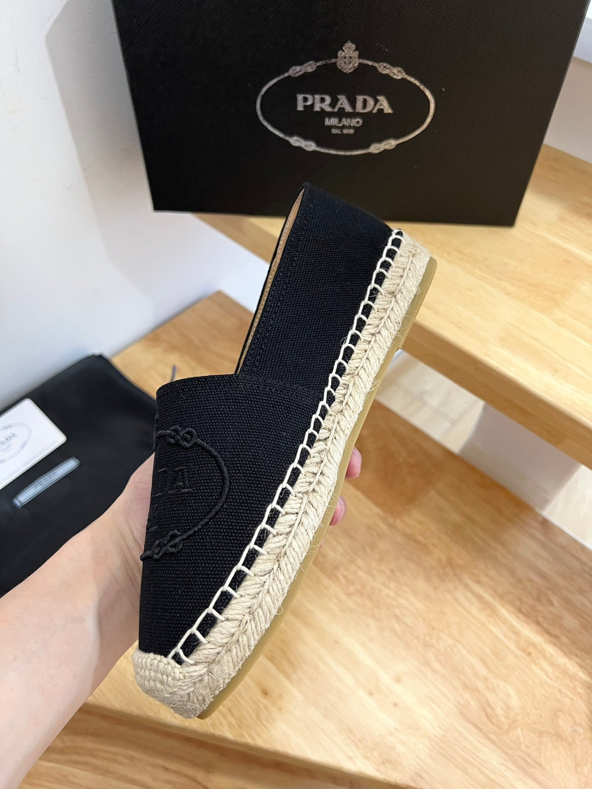 Prada 26s Embroidered Logo Espadrille Flats Black Canvas