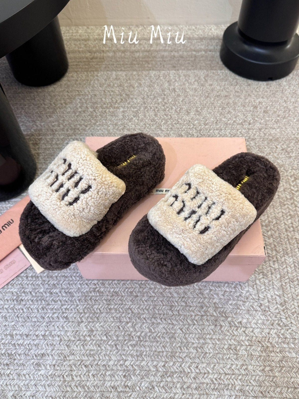 Miumiu 26s Platform Slides Dark Brown And Beige Shearling