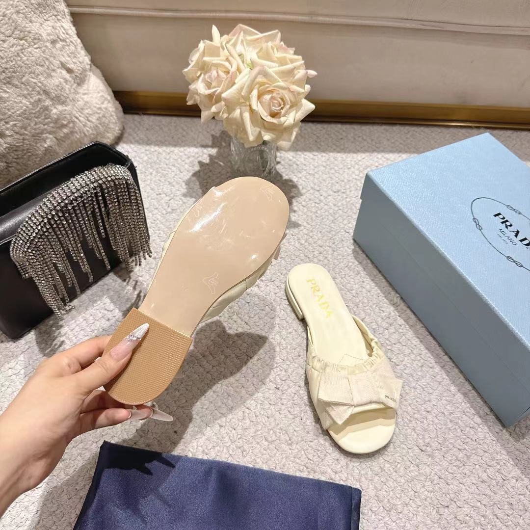 Prada 26s Ruched Bow Slide Sandals Ivory White Calfskin