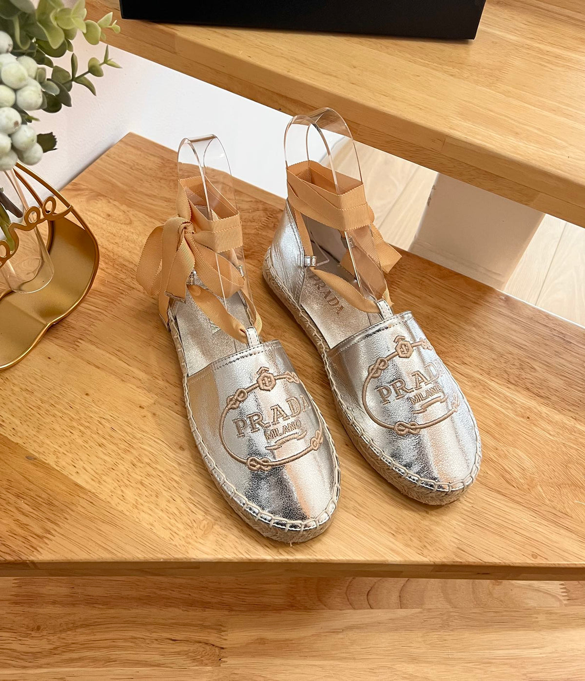 Prada 26s Lace Up Espadrille Flats Silver Calfskin