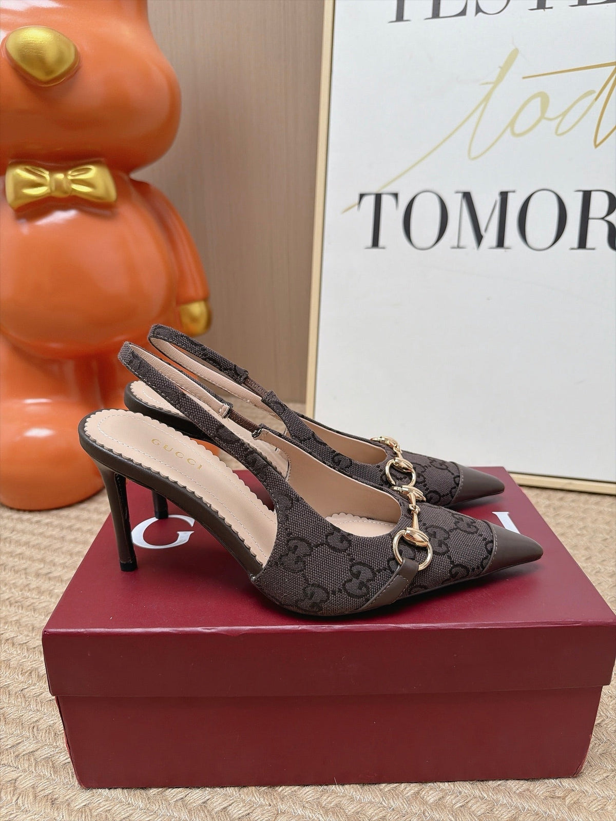 Gucci 26s Slingback Heels 10.5cm Dark Brown Canvas Mix Lambskin