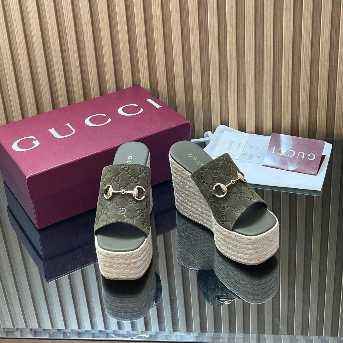 Gucci 26S Wedge Sandals 11Cm In Olive Green Suede GG Monogram