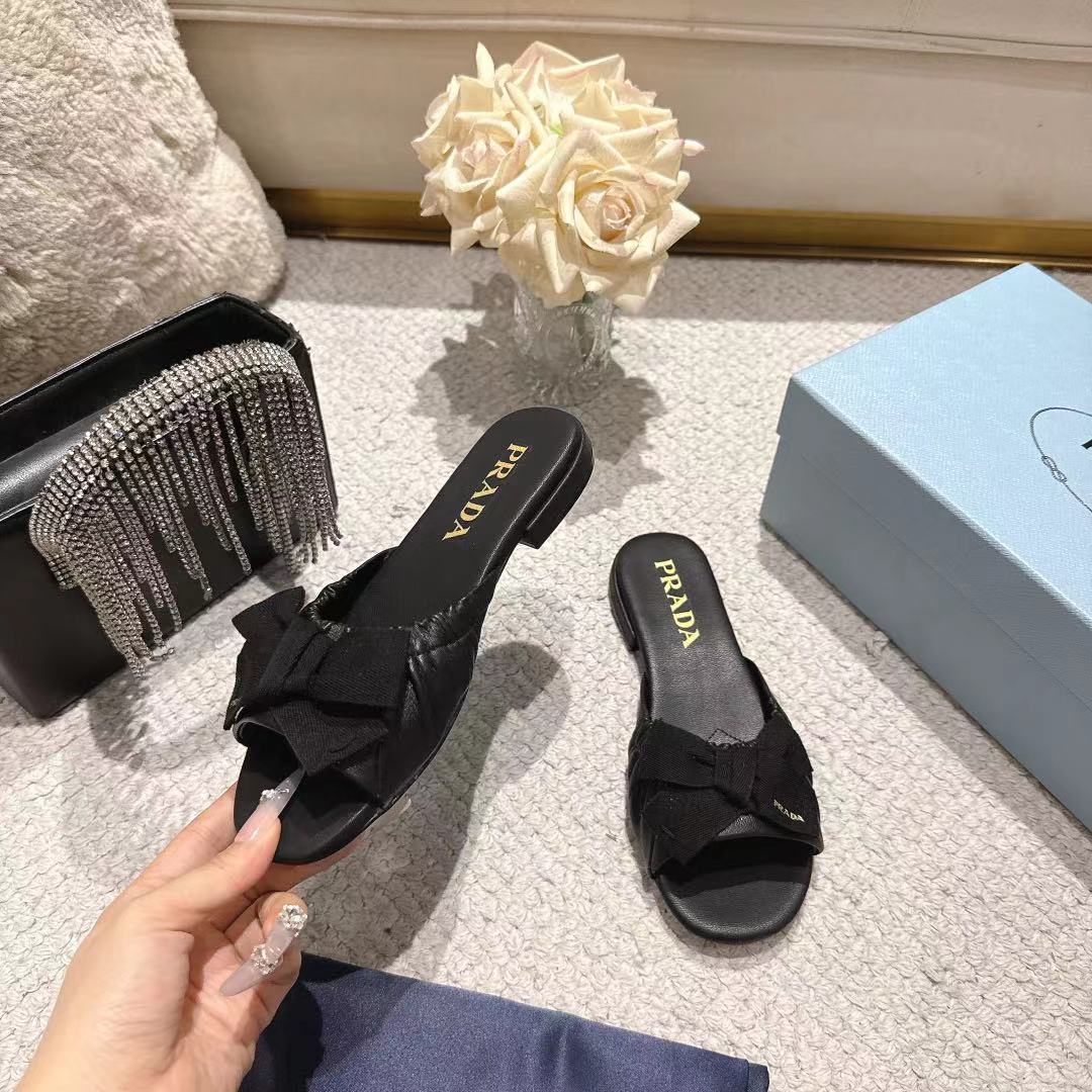 Prada 26s Ruched Bow Slide Sandals Black Calfskin