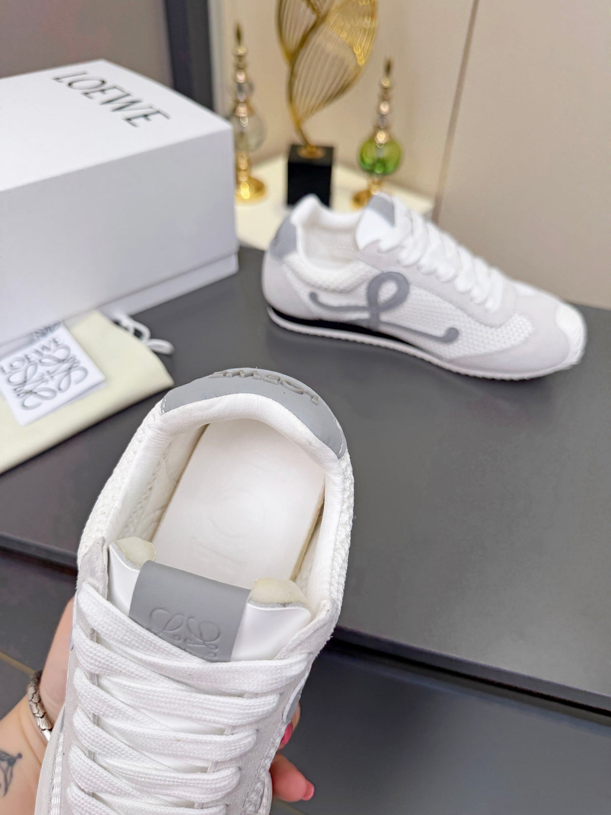 Loewe 26S Runner 2.0 Sneakers in Light Grey Suede and White Mesh Fabric