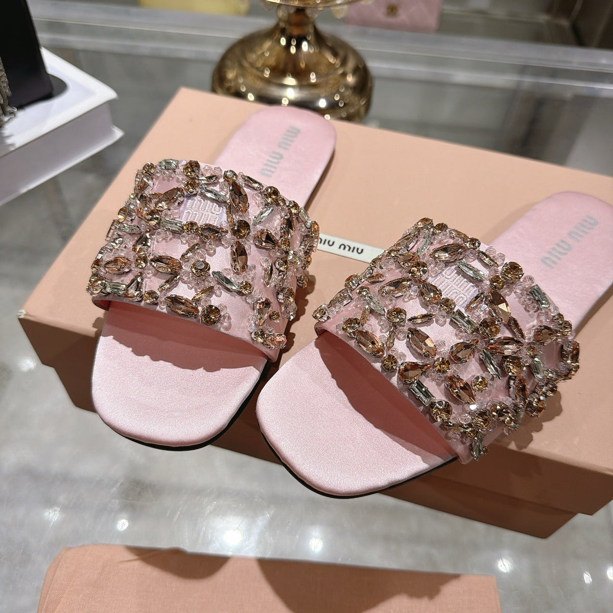 Miumiu 26s Sandals Pink Embellished Silk