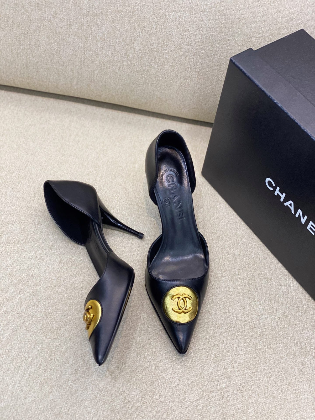 CC 26S Vintage Slingback Double Antique Gold Black Lambskin 156356