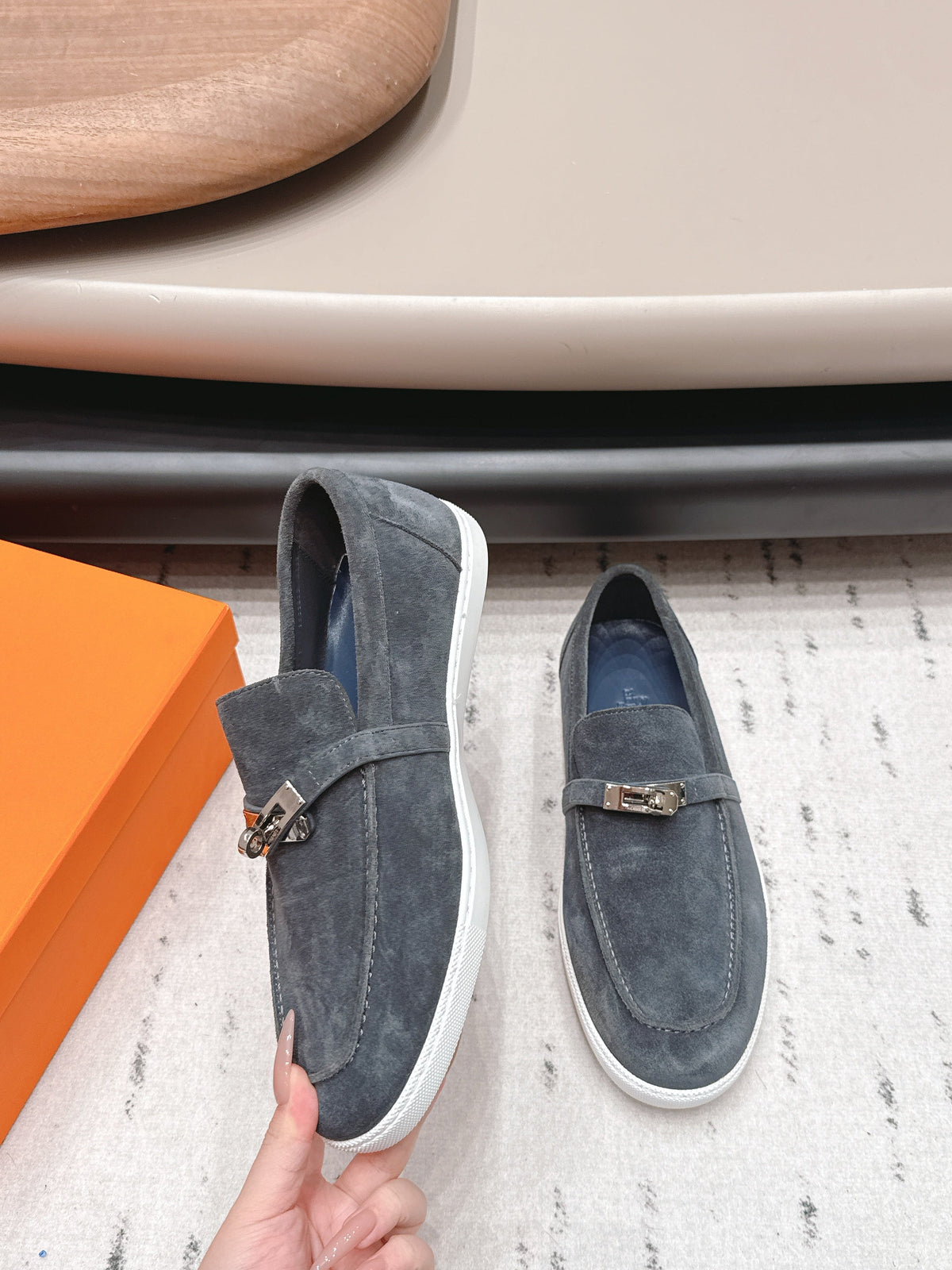 HM 26S Kelly Paris Loafers Blue Grey Suede Silver Hardware