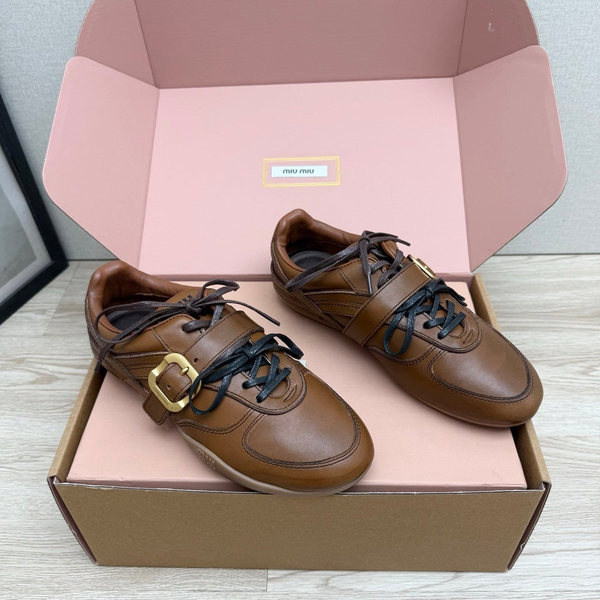 Miumiu 26s Buckle Sneakers Brown Calfskin With Gold Hardware