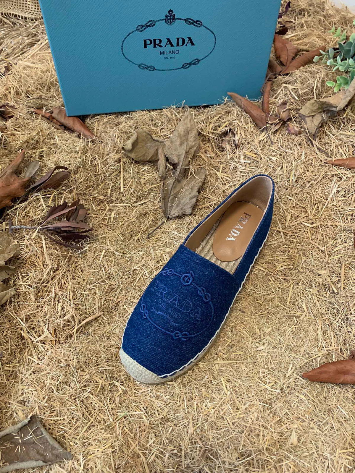 Prada 26s Espadrille Flats Blue Denim Embroidered Logo